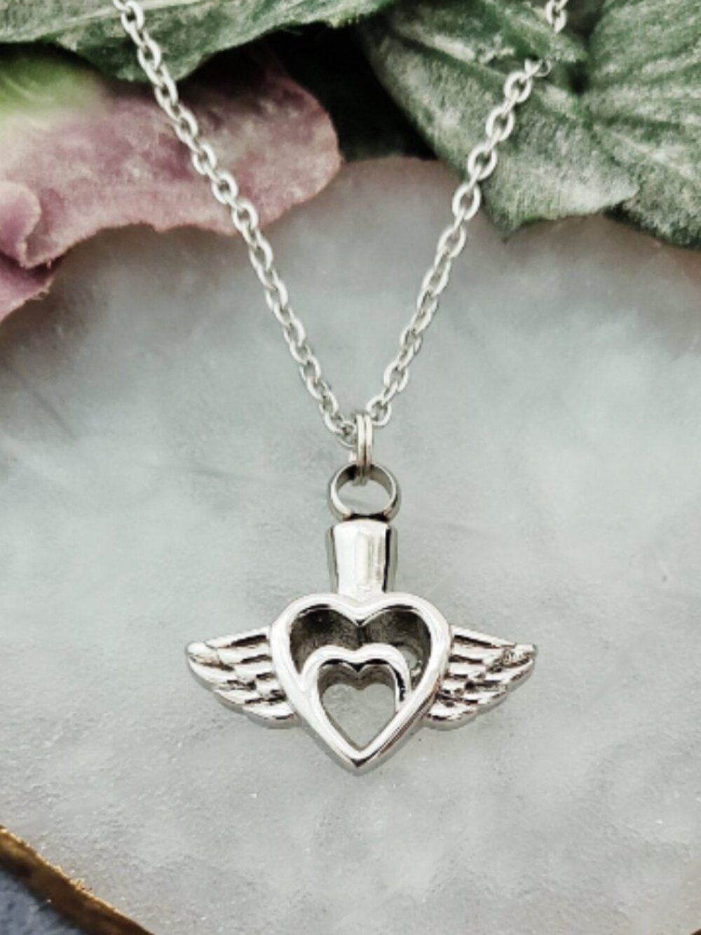 ANGEL WINGS HEART Urn Necklace Silver Stainless Steel Memorial Ash Pendant Chain